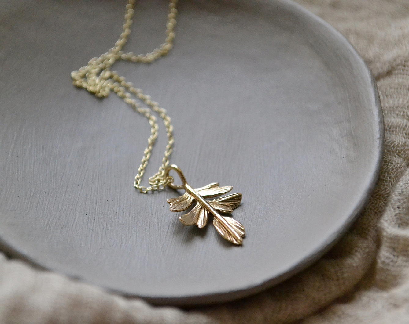 Hawthorn Leaf Pendant, 9ct Yellow Gold Necklace.
