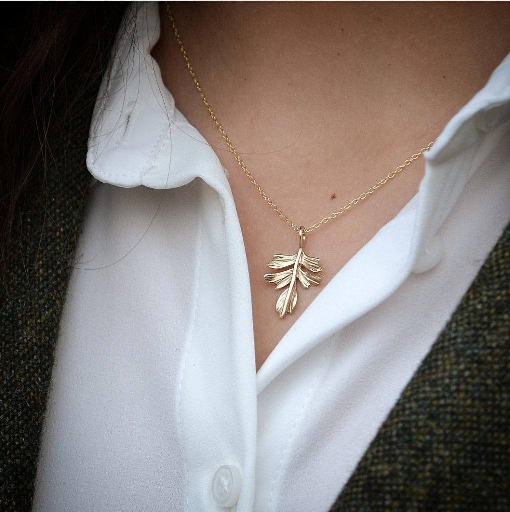 Hawthorn Leaf Pendant, 9ct Yellow Gold Necklace.