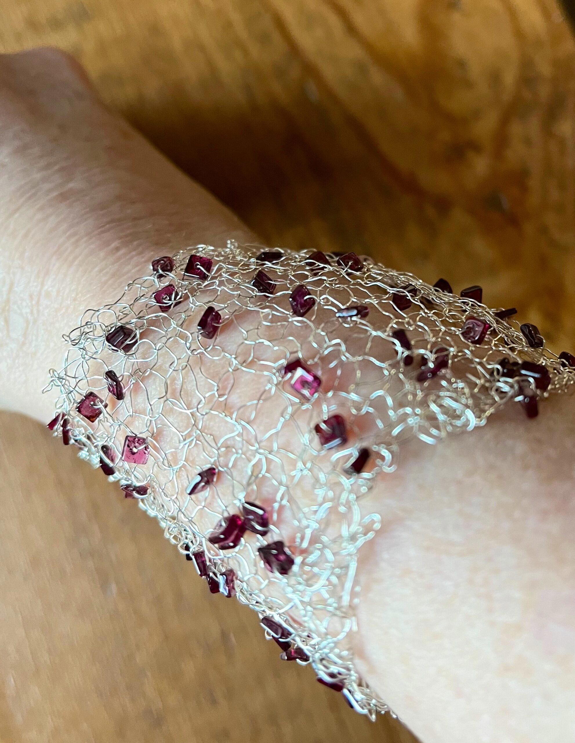 Red garnet January birthstone silver wire woven bracelet gift for her