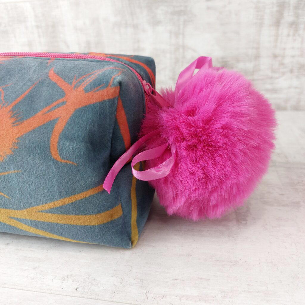 Luxurious Velvet Boxy Make Up Bag with Large Fluffy Pom Pom